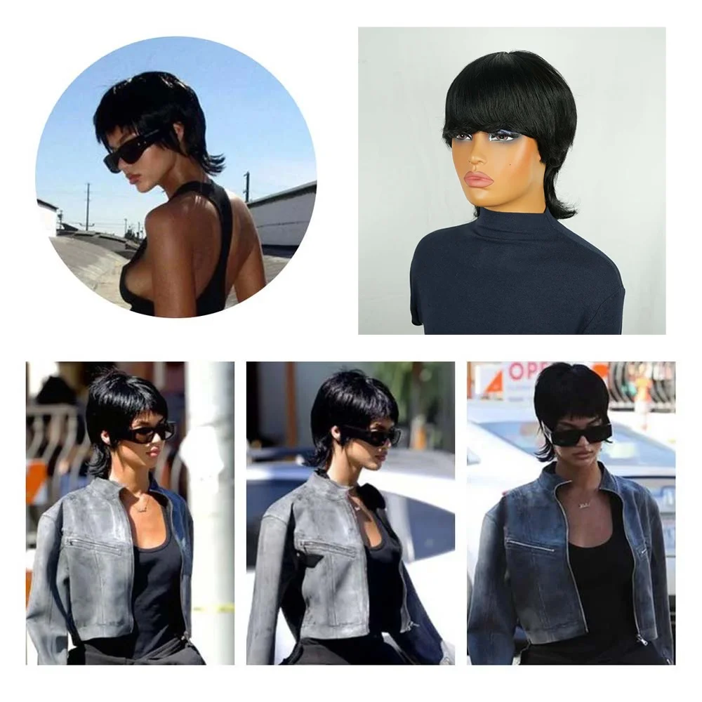 Parrucca Pixie Cut Capelli umani per donne nere con frangia Parrucca corta a strati nera naturale diritta completa fatta a macchina