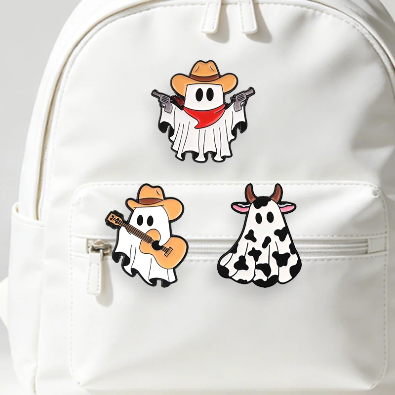 Western Cowboy Ghost Boo Holding Dual Gun Badge Spooky Cartoon Ghost Wearing Cowboy Hat Playing Guitar Enamel Pin Brooch Jewelry