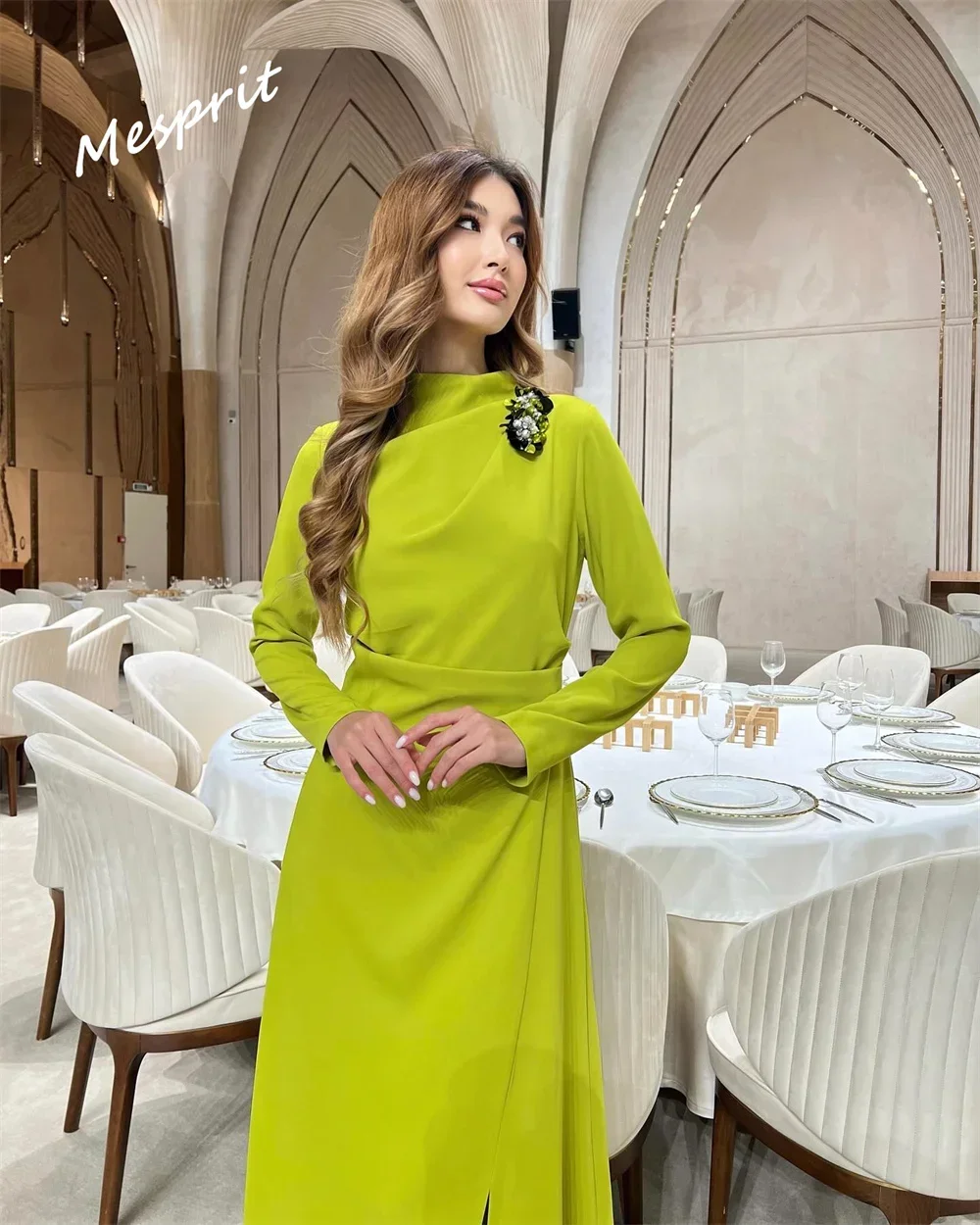 Prom Dress    Fashion High Collar A-line Anke Length Party es Beading Chiffon Customized Saudi Arabia