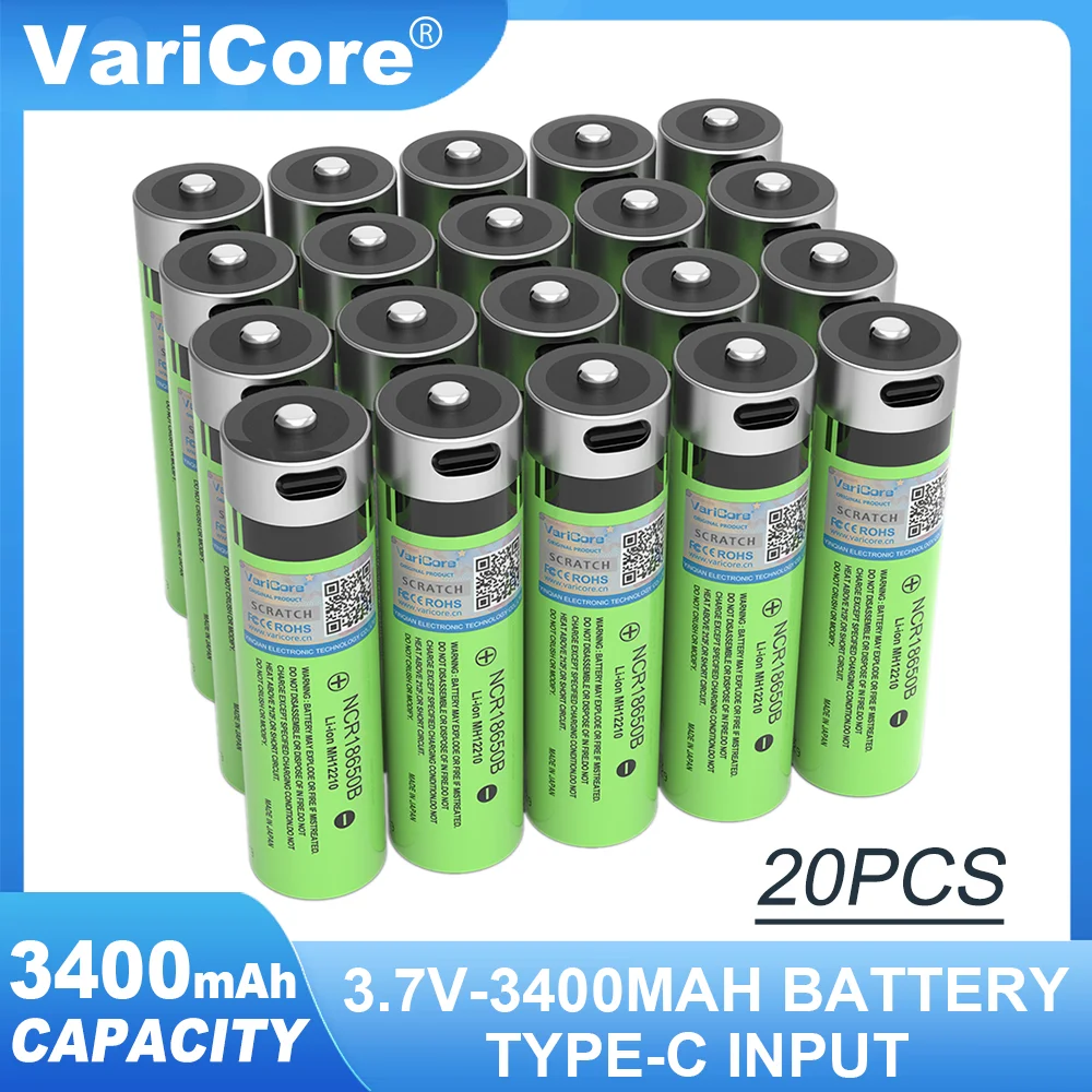 

20pcs VariCore 3.7v NCR18650B 3400Mah Lithium Rechargeable Battery TYPE-C portable for Home Remote Control Flashlight batteries