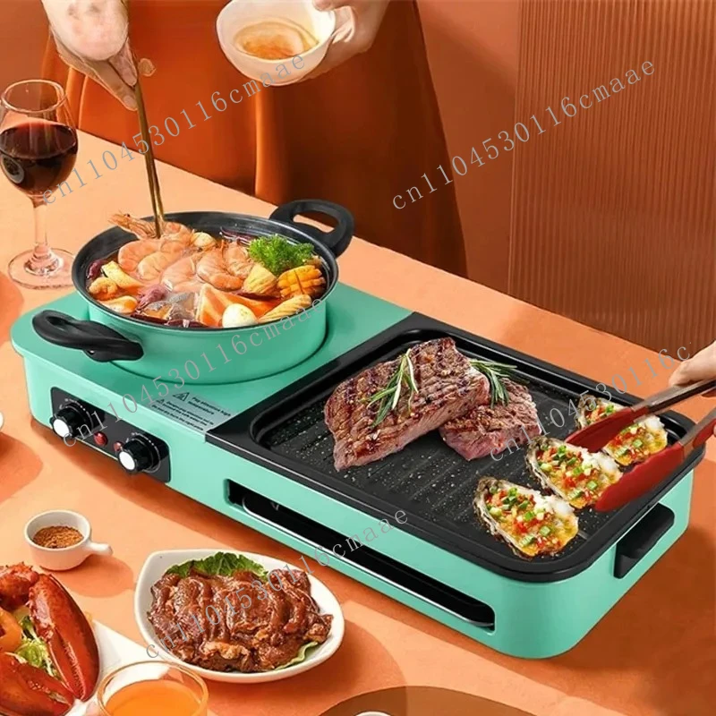 3 in 1 Korean Electric Baking Pan Soup Hot Pot Grill Plate Instant Kitchen Fondue Detachable and Washable Non-Stick Baking Pan