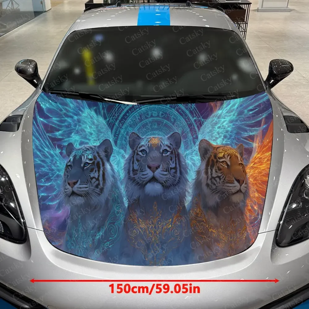 Three Tigers with Glowing Wing Car Vinyl Wrap, PVC Waterproof Car Hood Sticker, Self-Adhesive Scratch-Resistant Sticker
