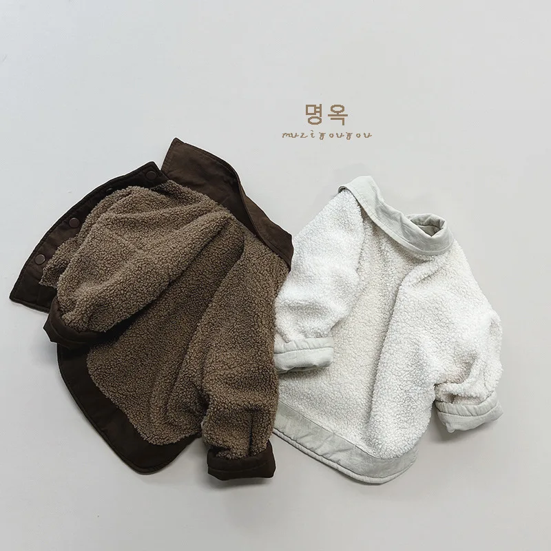 Autumn Winter Baby Retro Plus Velvet Lapel Coat Kid Boy Solid Long Sleeve Tops Girl Children Cotton Thick Warm Jacket Clothes