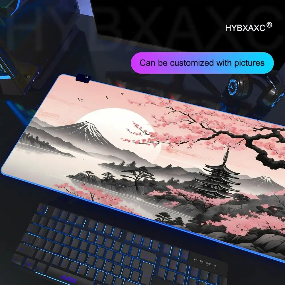 

HYBXAXC Japanese style cherry blossom landscape painting Mouse Pad RGB Gaming Mouse Pad Desk Mat HD Gamer Large LED Light XXL