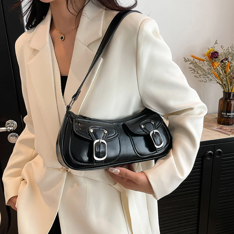 Vintage Schnallen-Dekor Damen Schultertaschen Retro PU-Leder Halbmondtasche Tägliche Pendler-Handtasche für Dates und Partys – Detail 8
