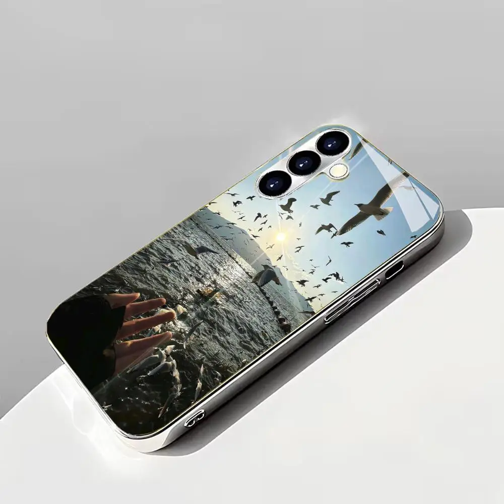 Seagull and cat landscape pattern electroplated silver glass phone case, compatible with Samsung Galaxy S26/S25/S24/S23/S22