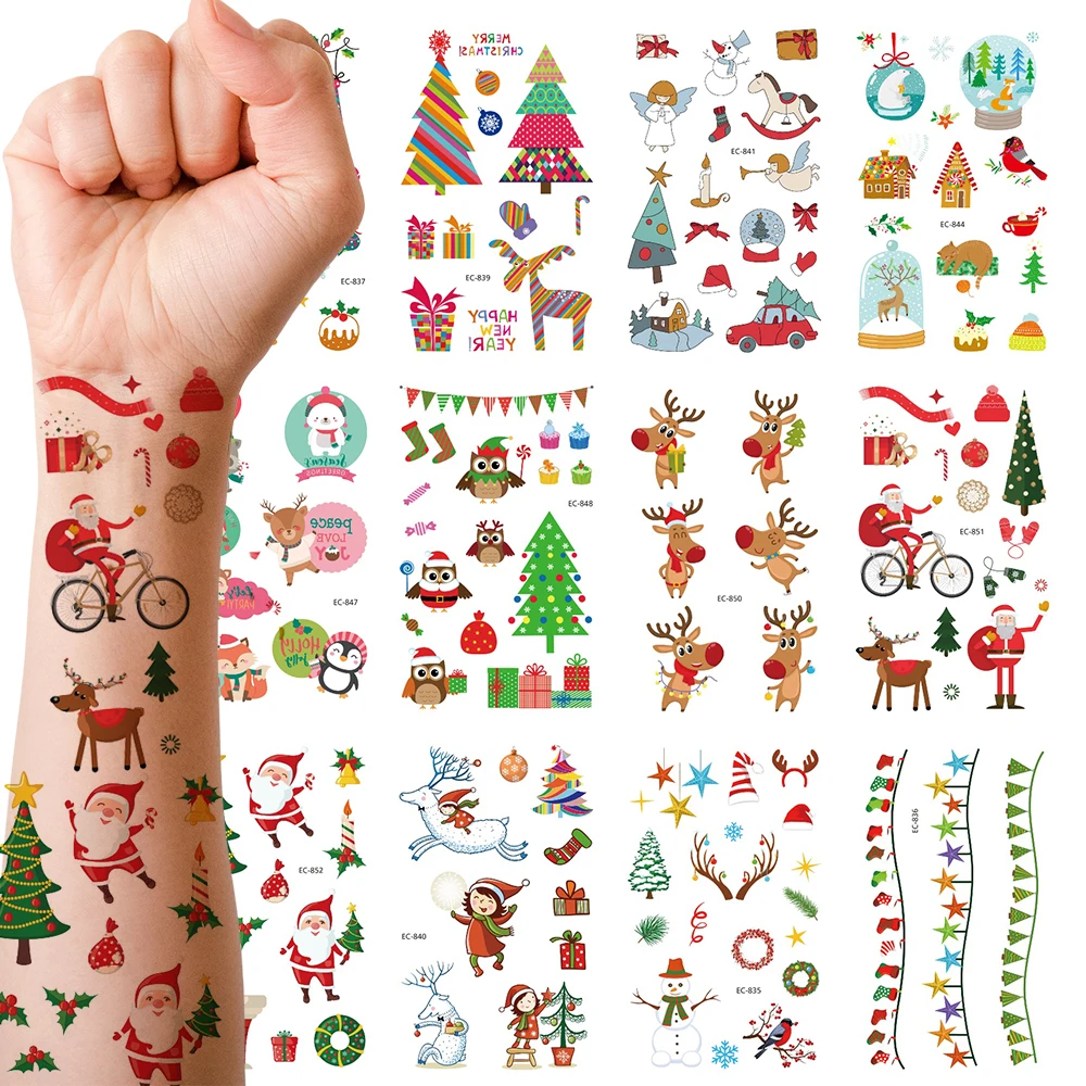 12 قطعة من الوشم المؤقت لعيد الميلاد مع 90+ أنماط للنساء رجل الثلج اللطيف، أشجار عيد الميلاد، الجوارب، سانتا كلوز للحفلات