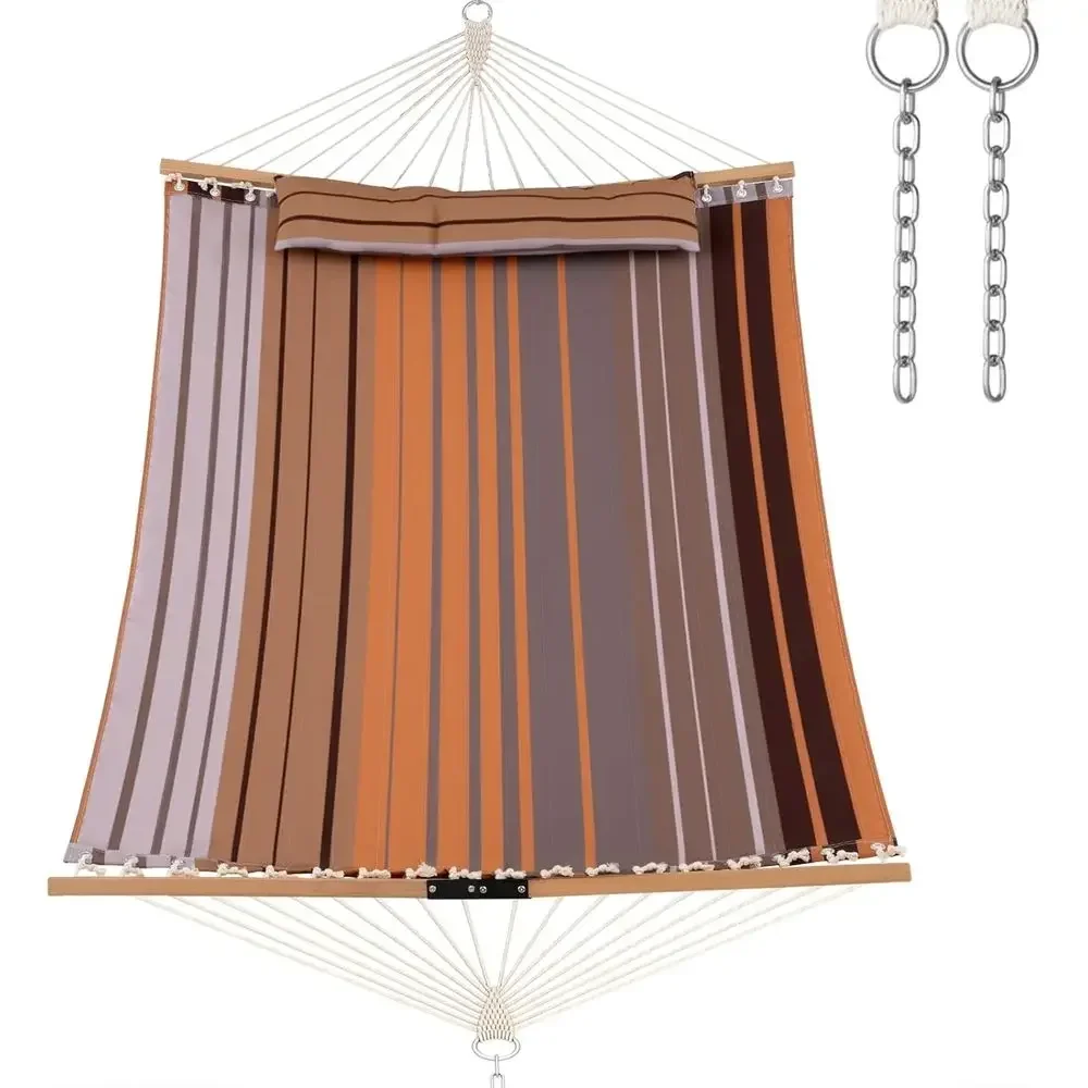 Camping Hammock with Detachable Pillow, Spreader Bar, and Handwoven Cotton Ropes for Outdoor, Patio, and Poolside Use