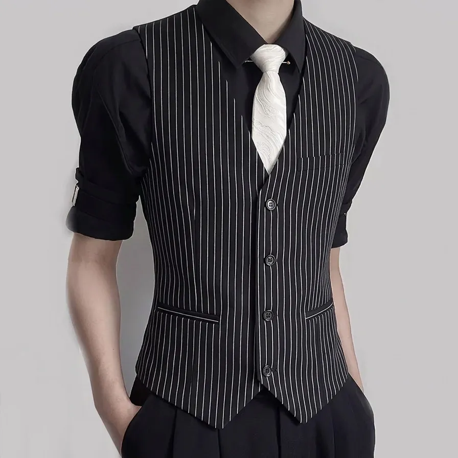 Classic Striped Suit Vest for Men V-neck Bar KTV Bartender Vest Slim Fit Casual Business Wedding Groom Social Uniform Waistcoat