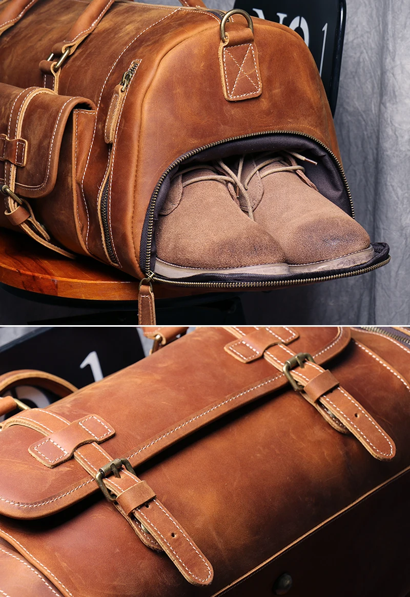 Vintage Full Grain Genuine Leather Travel Bag Men Duffel Weekend Bag Carry On Large Luggage Bag Tote Messenger Bag Male Handbag