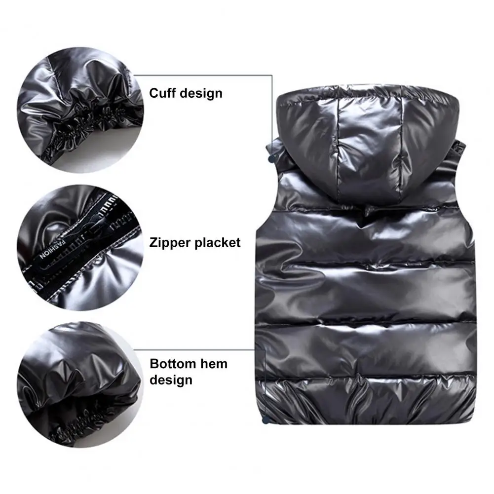 

Zippered Men Vest Coat Men's Cotton Hooded Sleeveless Vest with Zipper Placket Pockets Autumn Winter Quilted Coat with Glossy