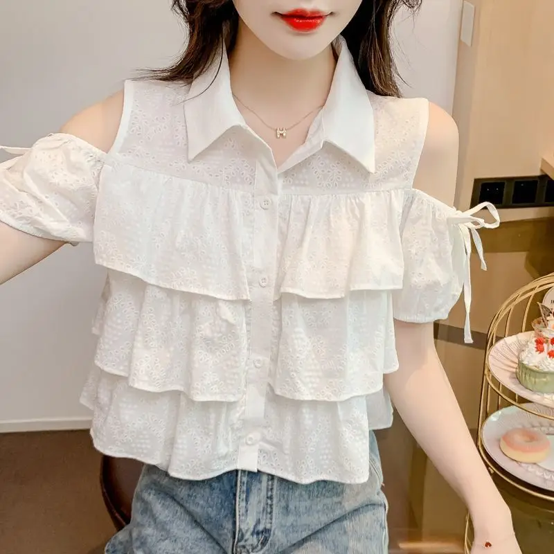 Women Sexy Off Shoulder Lace Up Chic Sweet Shirts Trendy Casual Ruffle Tierred White Blouses Short Sleeve Kawaii Tops Y2K Blusas