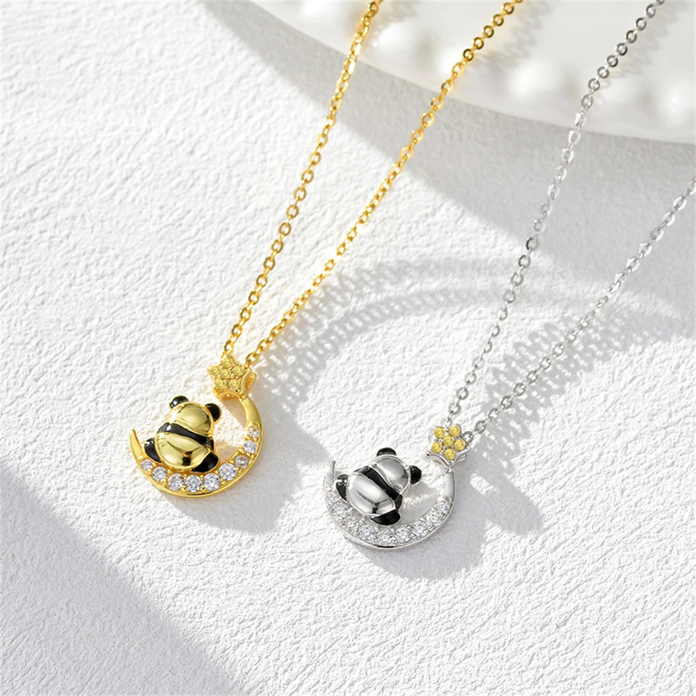 

Женское ожерелье из стерлингового серебра 925 пробы со звездой и луной и пандой, нишевый дизайн, высококачественный кулон с бриллиантами и цирконием, аксессуар с луной