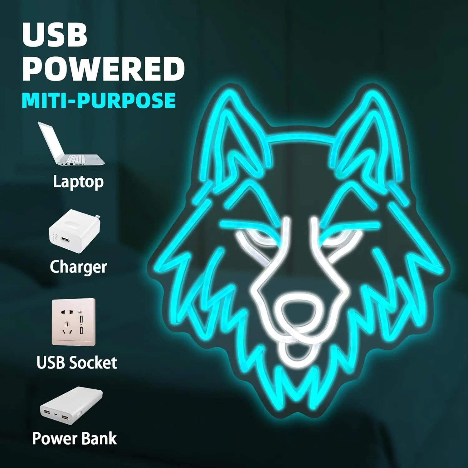 Wolf Neon Sign – Cute Animal Dimmable LED Night Light for Bedroom, Man Cave, Home Bar, Wall Decor, USB Powered Gift - view 5