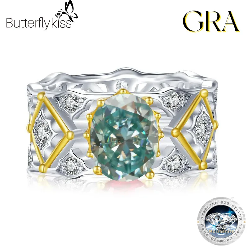 

Butterflykiss Luxury S925 Sterling Silver Oval 2CT Colorful Real Moissanite Gemstone GRA Engagement Rings For Women Fine Jewelry