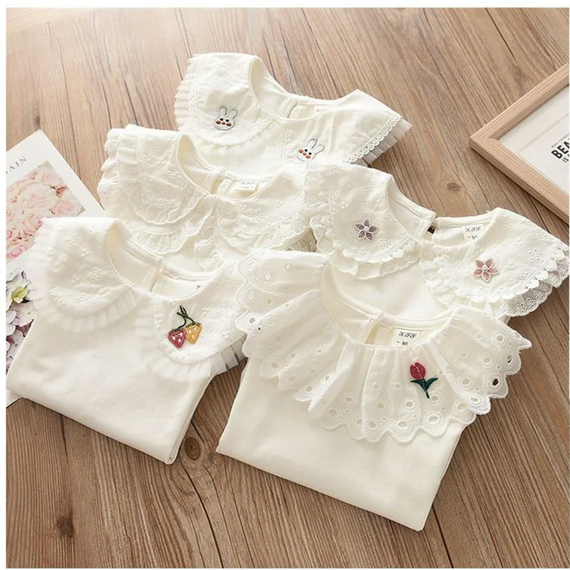 

3-4year Girls' base shirt Spring and Autumn new long sleeved T-shirt Children's baby doll shirt Top Girls' white collar shirt