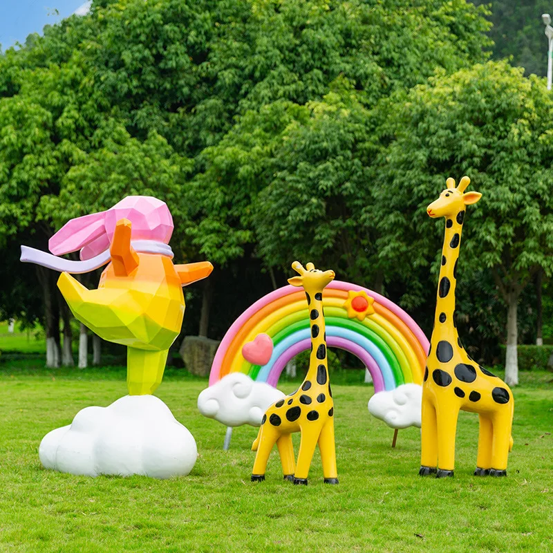 FRP rainbow rabbit sculpture landscape decoration clouds, outdoor check-in and photo creativity, large ornaments, park lawn