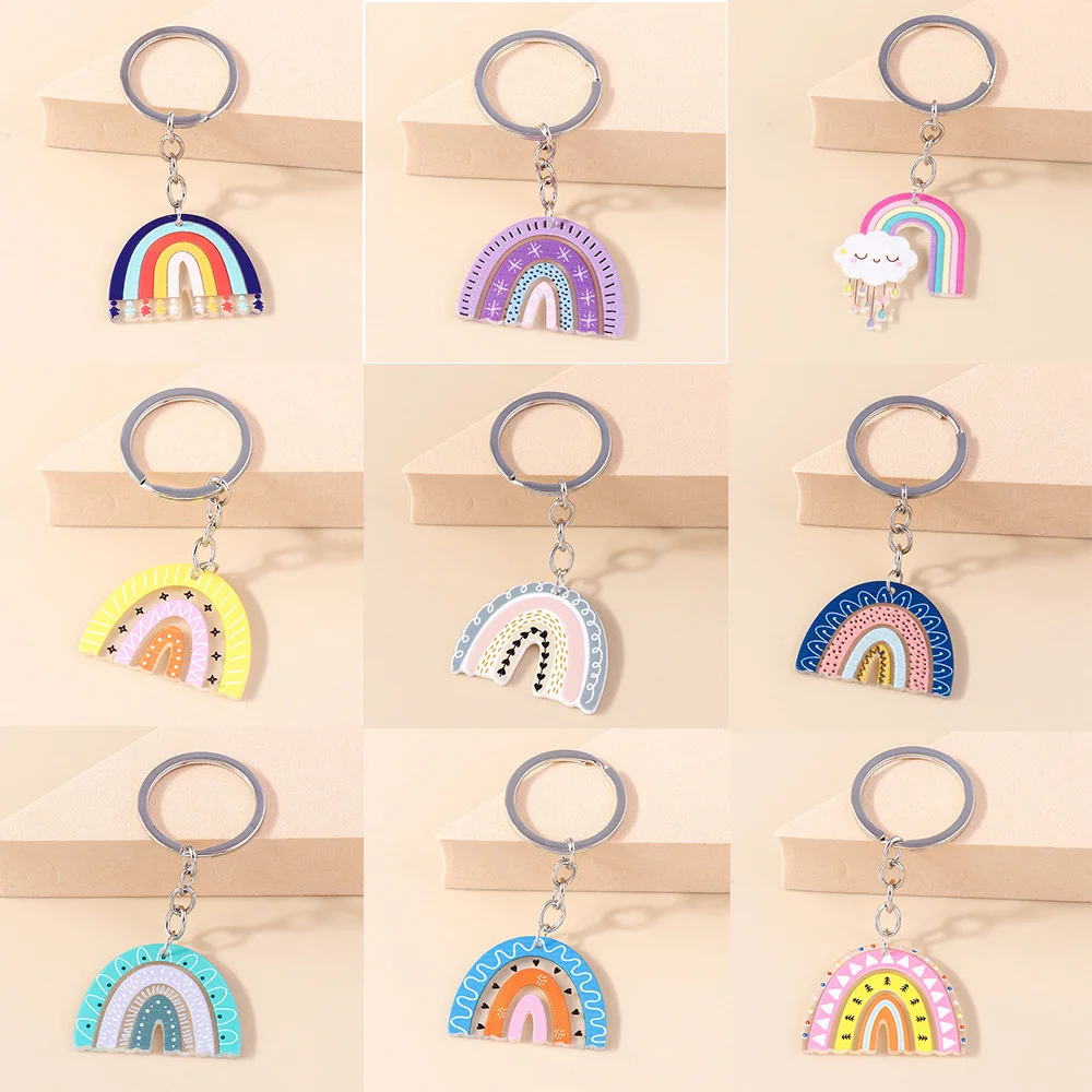 Cartoon Rainbow Keychain Colorful Smile Clouds Charms Keyrings Souvenir Gifts for Women Men Handbag Pendants Key Chains Women's