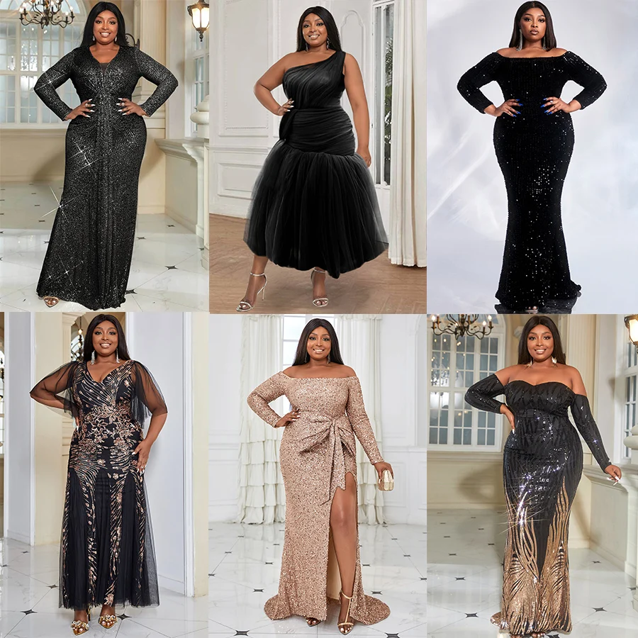 Plus Size Women Black Formal V-Neck Long Sleeve Backless Sequin Maxi Dress Elegant Long Dress