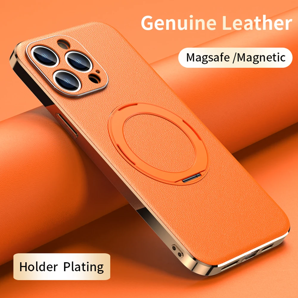Magnetic Leather Holder Phone Case for Magsafe, Ring Plating Lens Protection, Back Cover, iPhone 15, 14, 12, 13 Pro Max, 15Pro
