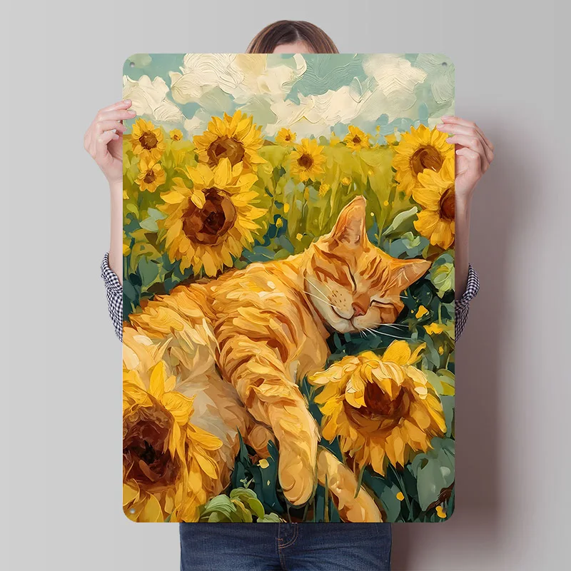 Cat Nap in Sunflower Field Metal Poster Customized Wall Art Retro Vintage Metal Tin Signs for Luxury Decoration Gaming House