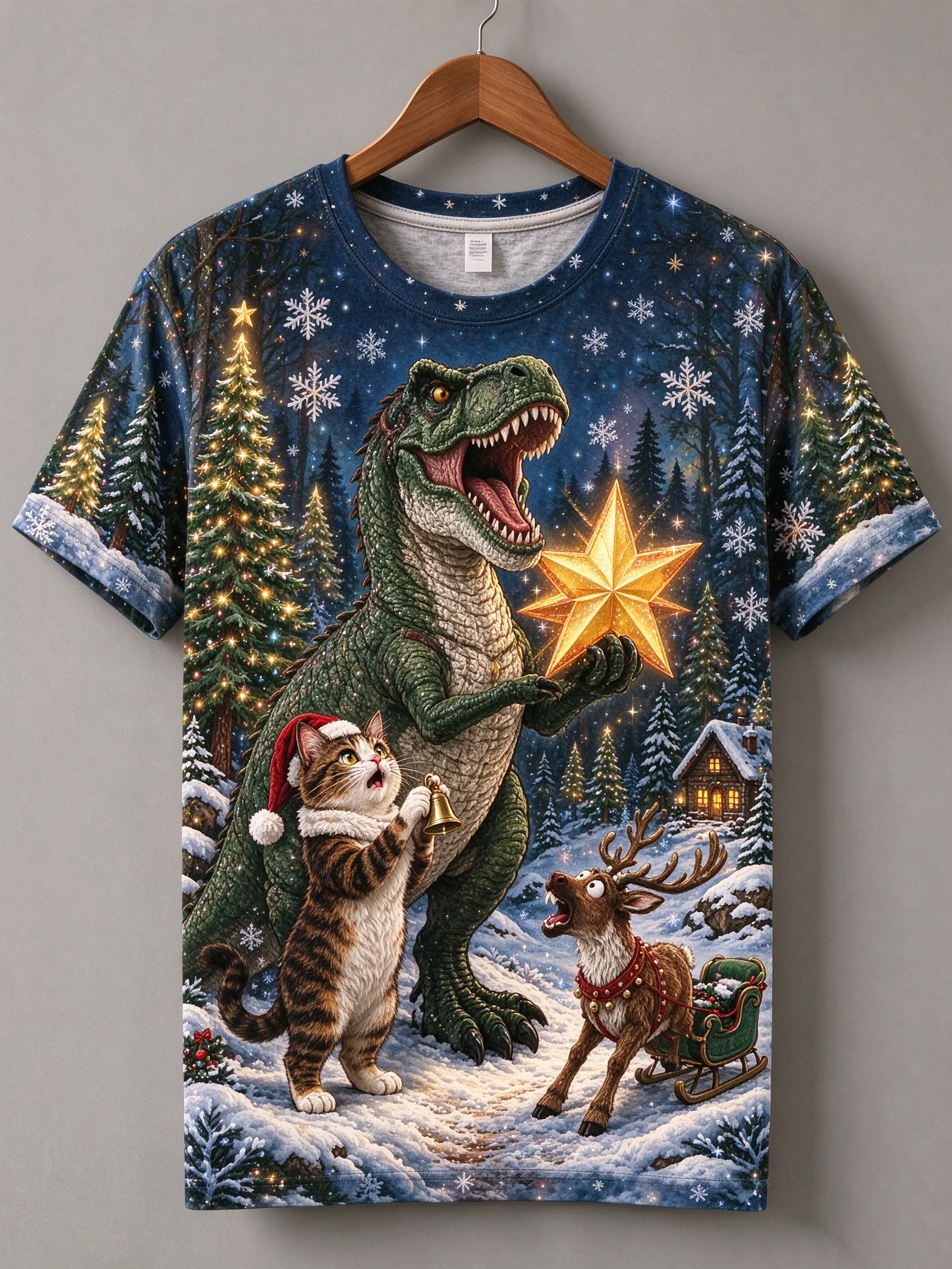 Hot Christmas Party 3D Costume T-Shirts For Men Funny Dinosaur Elk Cat Design Christmas Outfit For Xmas Gathering Men's Clothing