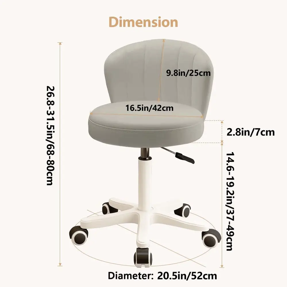 Desk Chair Round Rolling Chair with Back PU Leather Height Adjustable Swivel Vanity Work Computer Stool Chair for Home Office B
