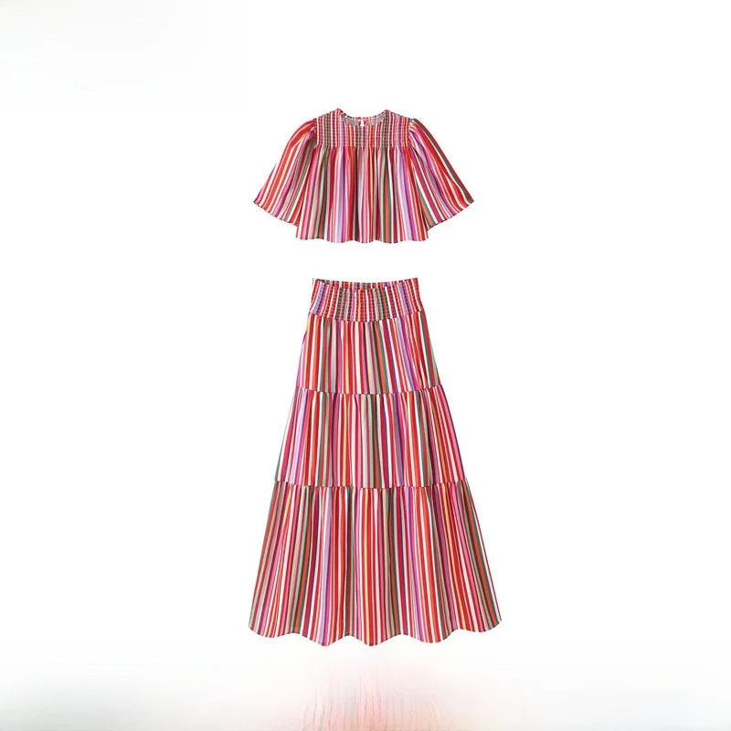 Early Autumn New Arrival Women's Fashion Pleated Stripe Print Top And Half Skirt Set Polyester Fiber Short Length Universal Fit