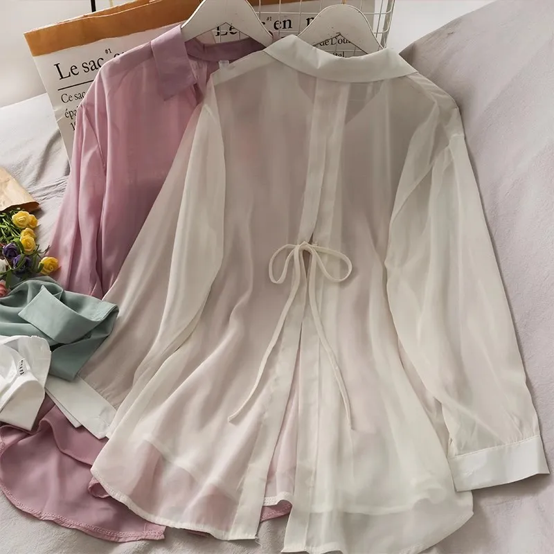 

Корейская свободная тонкая рубашка для женщин, однобортные однобортные однобортные блузки с длинными рукавами и солнцезащитным кремом, новинка 2025, летний топ