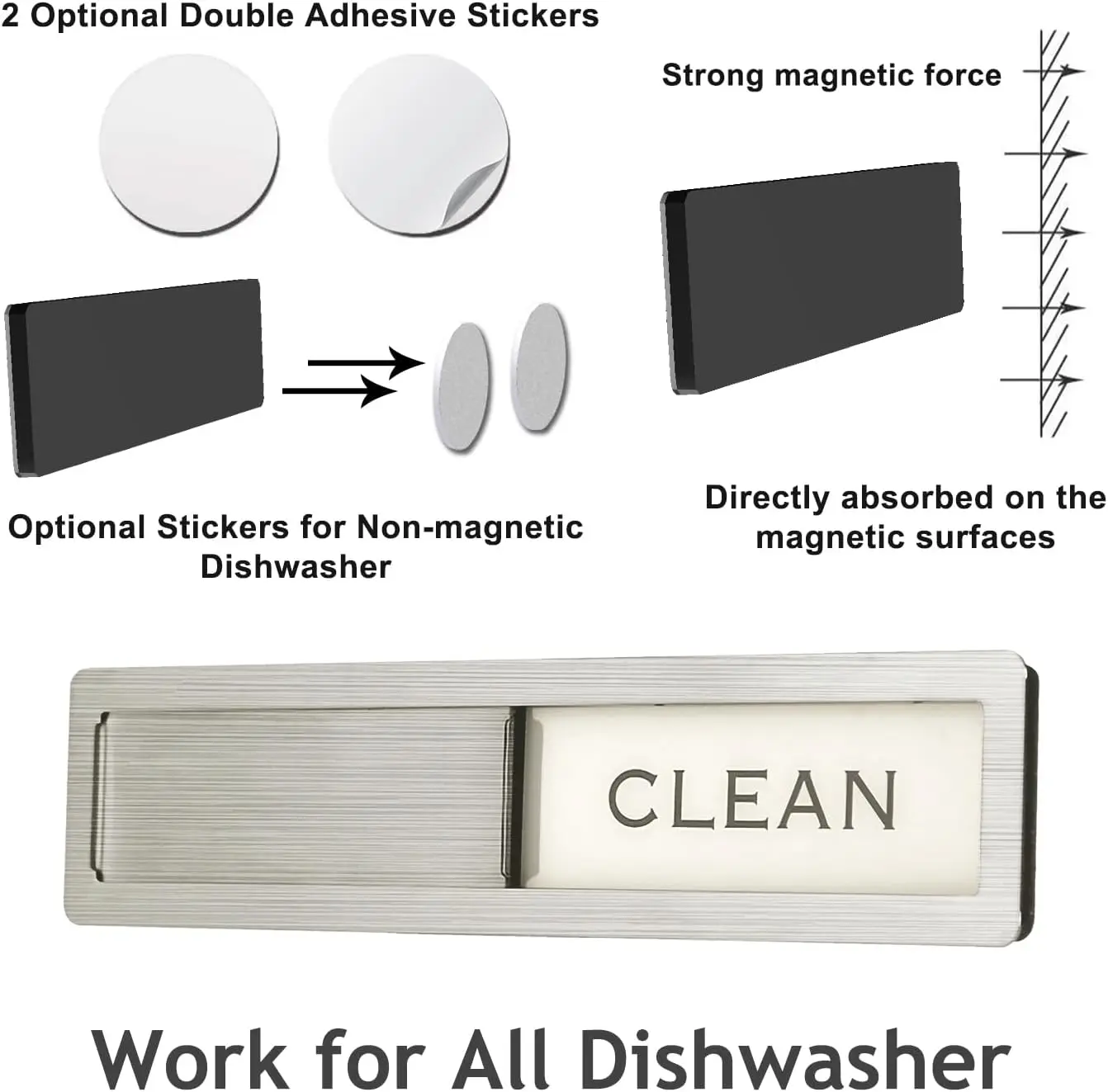 Dishwasher Magnet Clean Dirty Sign, Premium Stainless Steel Black and White Non-Scratch/Kitchen Decor/Easy to Read & Slide