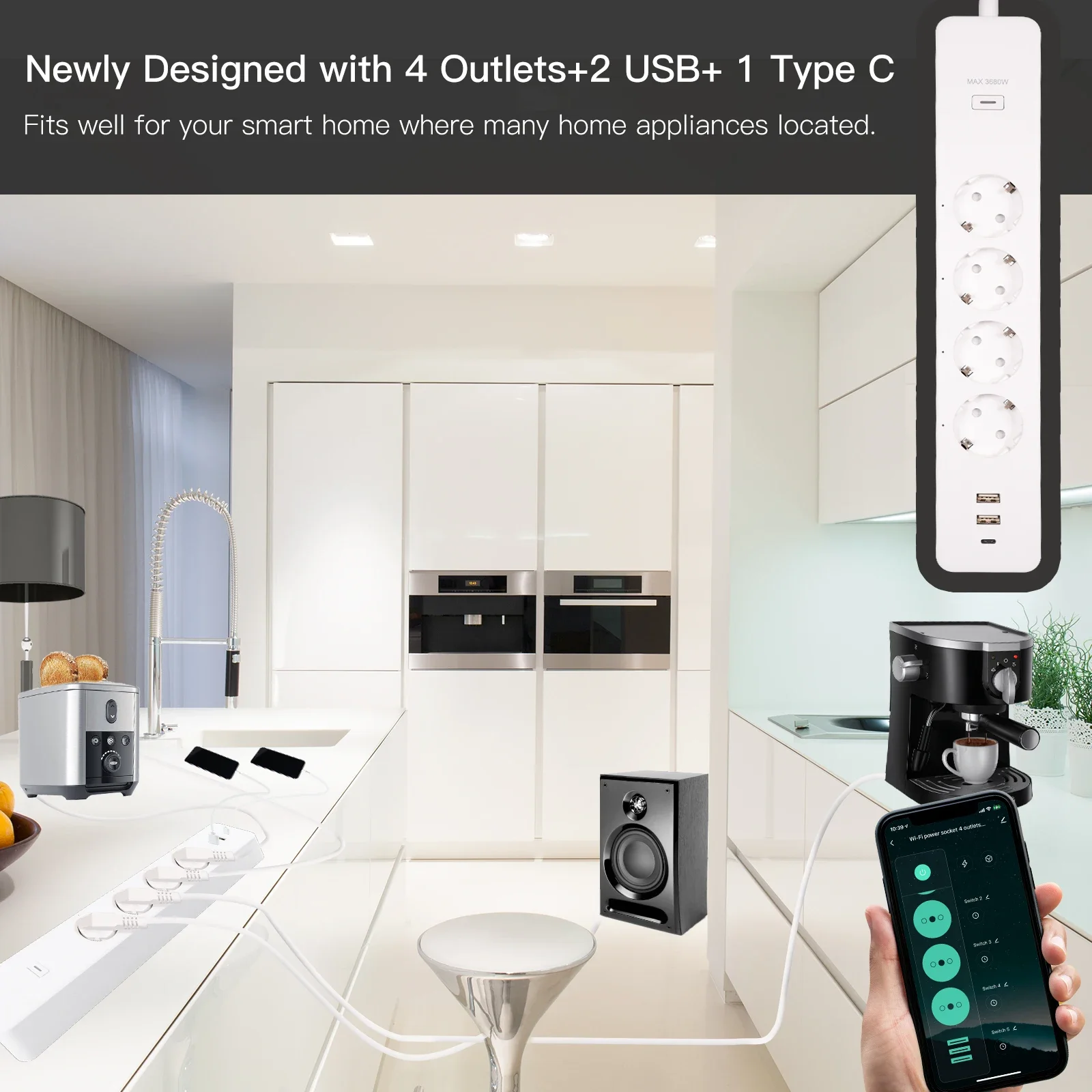 MOES WiFi EU Tuya Smart Power Streifen Surge Protector 4 Plug Power Monitor Sockel mit 2 USB 1 Typ C APP ControlVoice Control