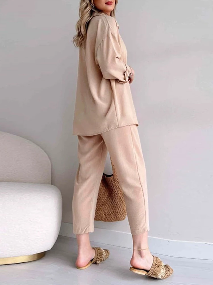 2023 Summer New Casual Fashion Two Piece Set Women Top and Pants Nine-pants and Shirts Female Suit Set of Pants and Blouse