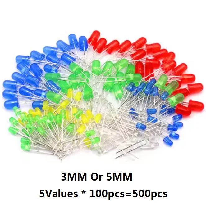 500Pcs/lot 3MM 5MM LED Diode Kit Mixed Color Red Green Yellow Blue White F3 F5 5 Values Assorted Assortment Set Diy Kits