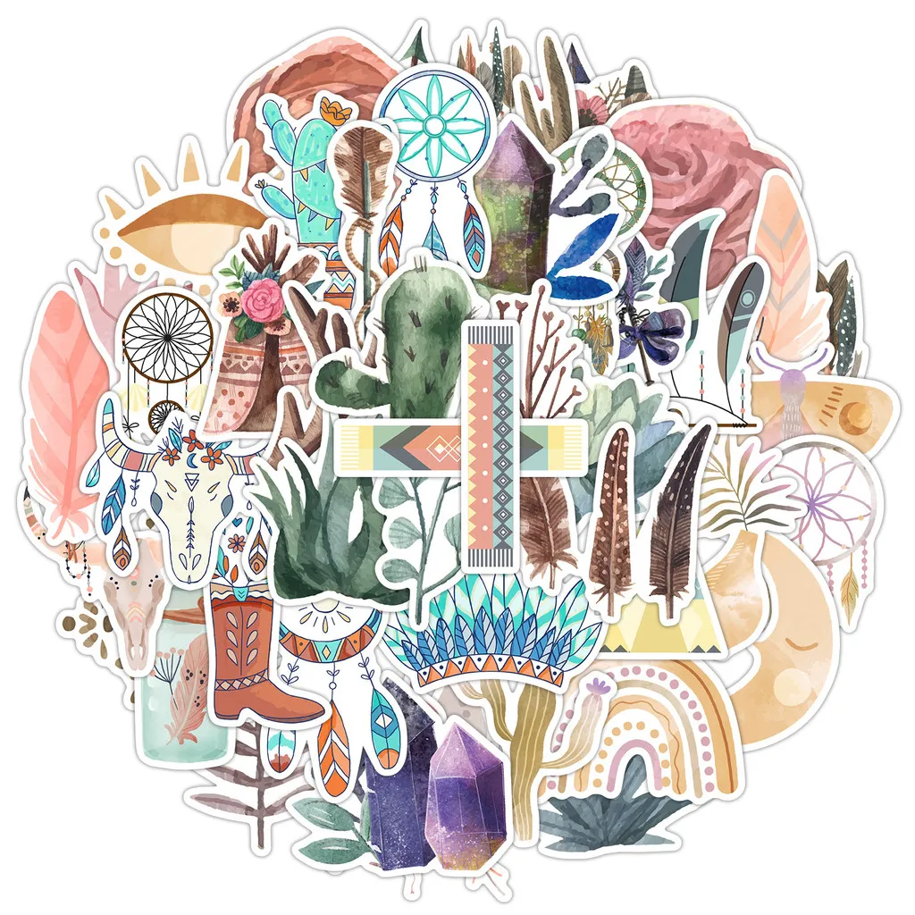 50-Sheet Bohemian Doodle Stickers Roll - EN71 Certified Waterproof Vinyl for Cups Luggage Customization RecordingYourLife Store