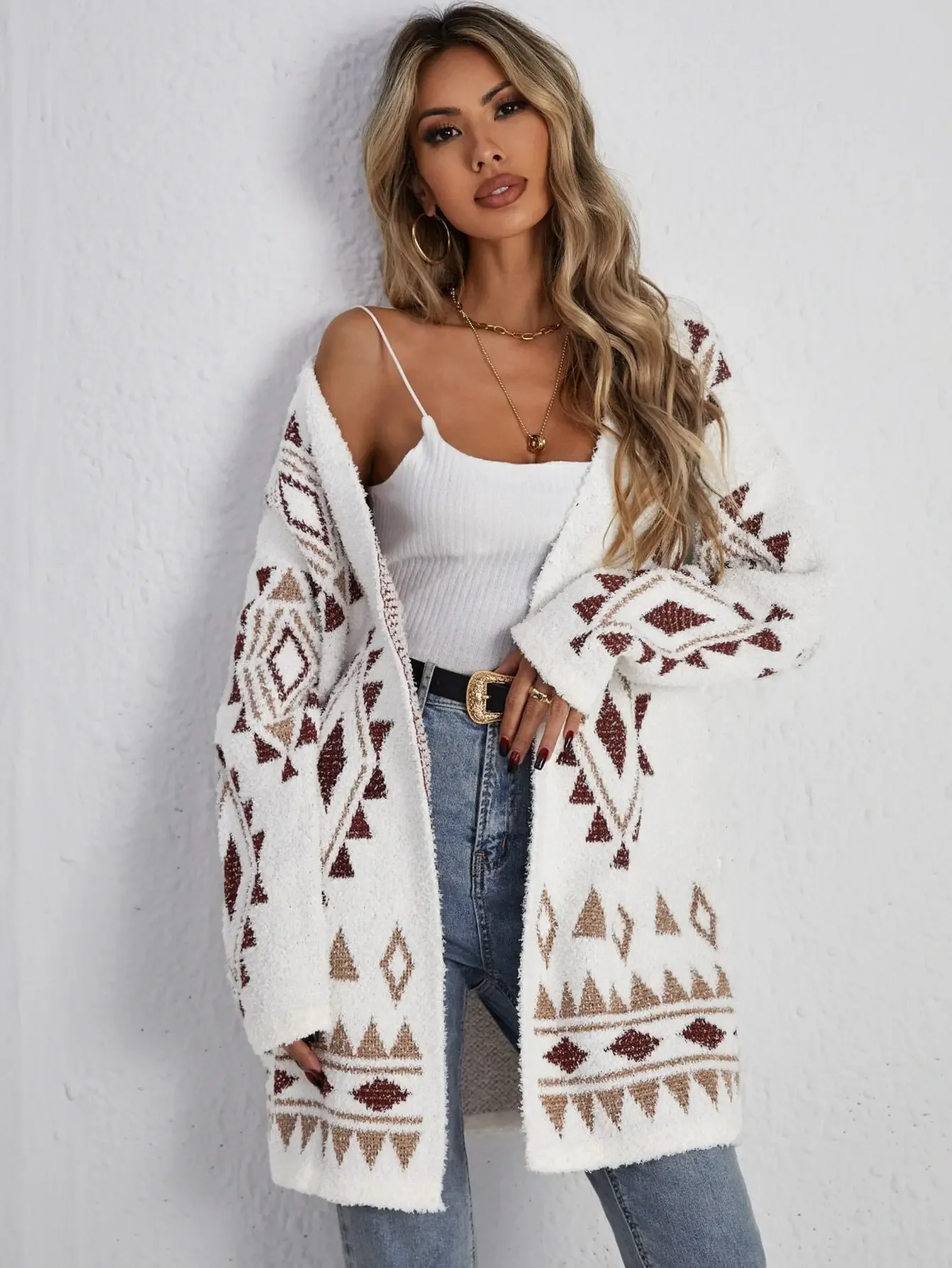 Womens Oversized Fuzzy Knit Cardigan Western Desert Cowgirl Aesthetic Long Sleeve Aztec Tribal Geometric Jacquard Open Front Duster Sweater Coat Cream White Rust Brown Camel Drop Shoulder Slouchy Silhouette For Fall Winter Travel Outfits Christmas Gift