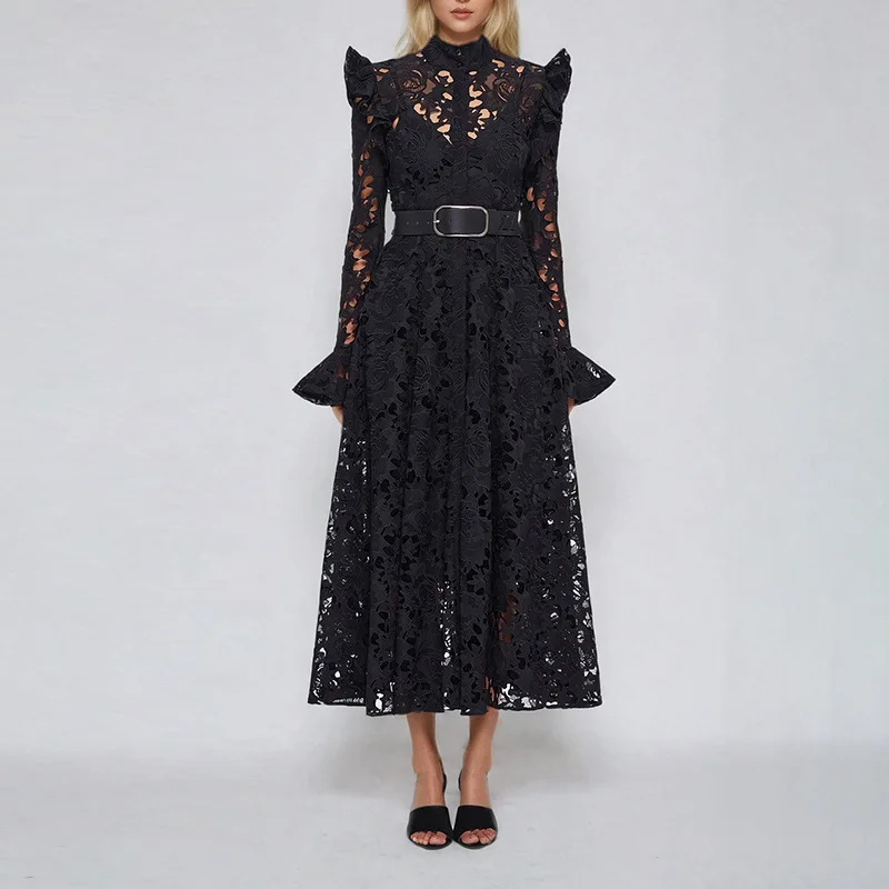 GIOIO Women's vintage lace hollow out flying long sleeve slim dress elegant mock neck waisted swing long dress with belt