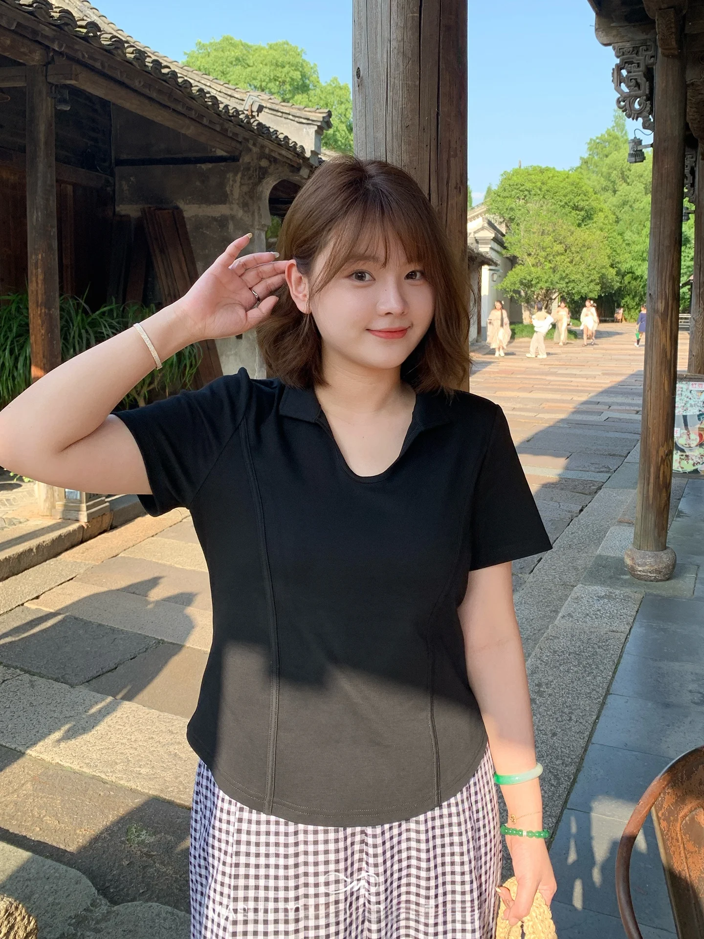 

plus Size Women's Fishbone Shoulder Flip Collar Short Sleeve T-Shirt Summer Loose Waist Inward Slimming Top Casual Style Cotton