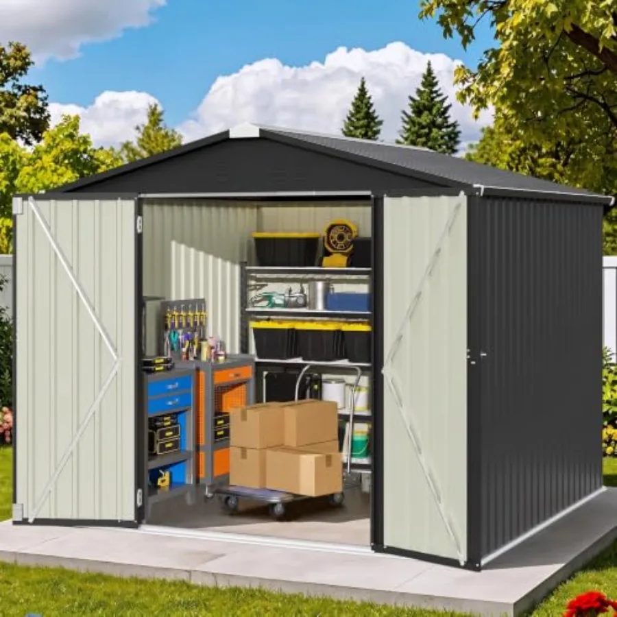 Outdoor storage shed for feet, black powder-coated steel, weather-resistant and lockable with double doors