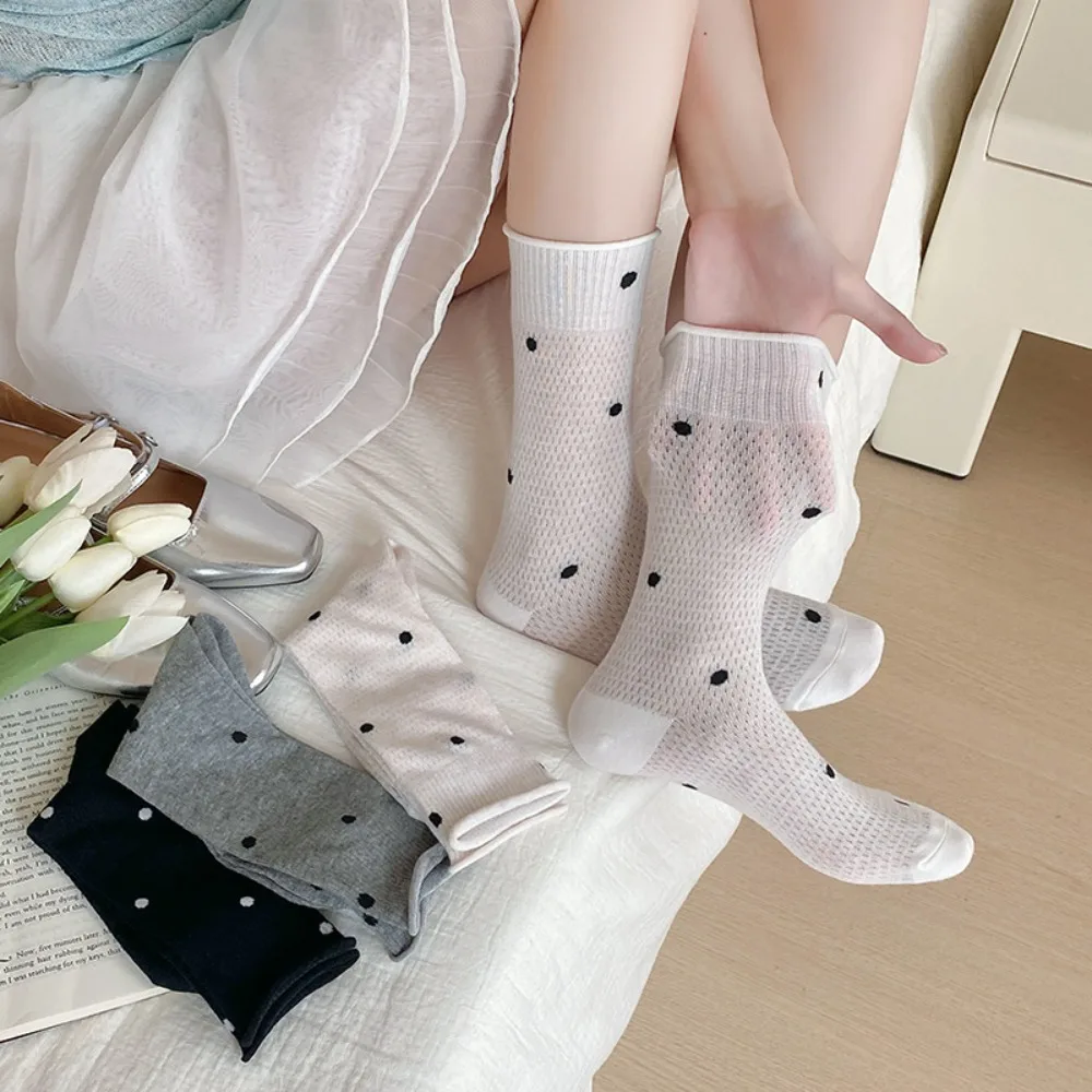

Fashion Hollow Out Dot Socks Rolled Edge Breathable Women Socks Thin Mid Tube Socks Summer