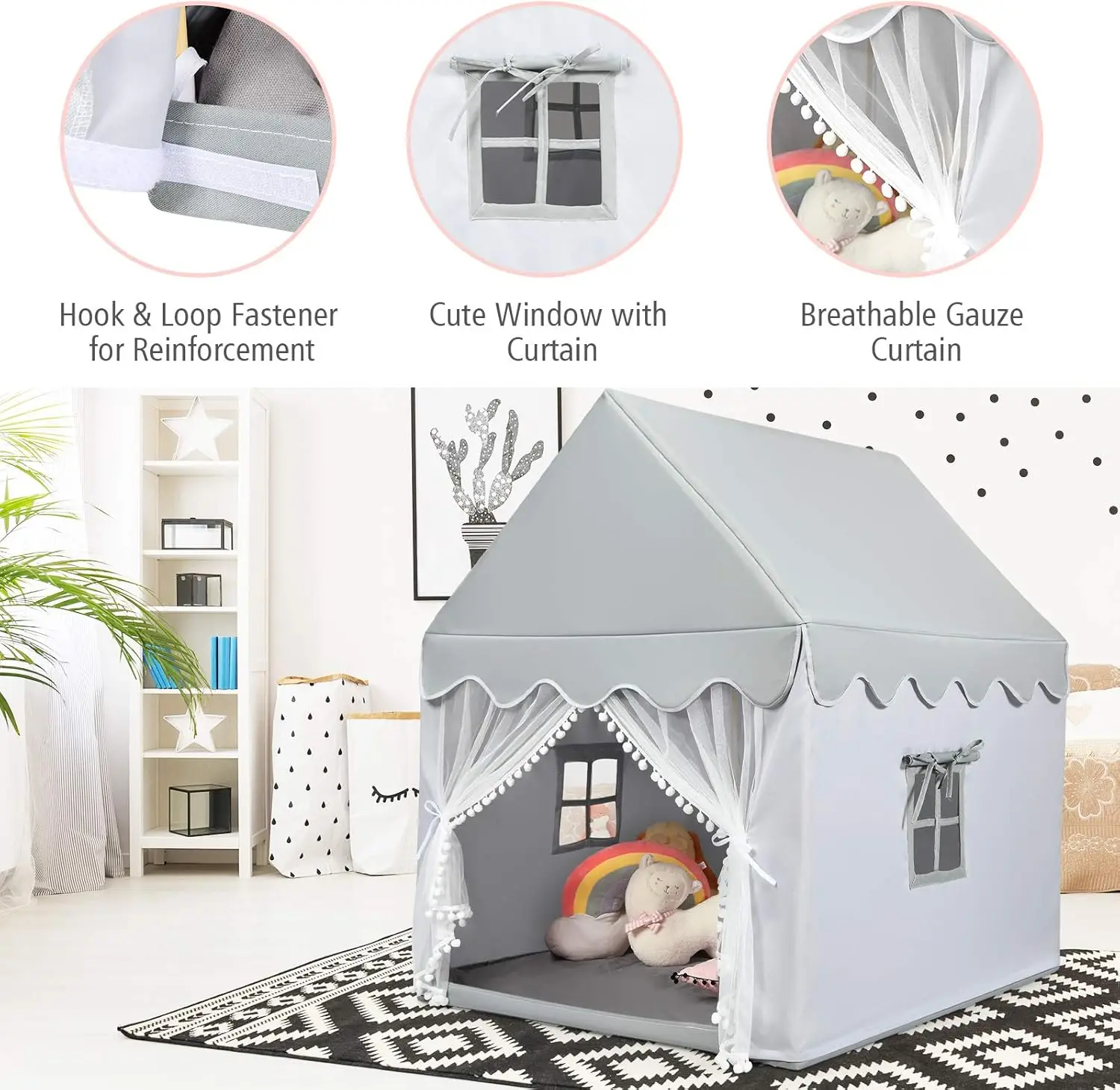 Maison de jeux intérieure pour enfants, tente féerique de château de jeu pour enfants avec grand tapis confortable, rideau et fenêtres respirantes, style sur le toit