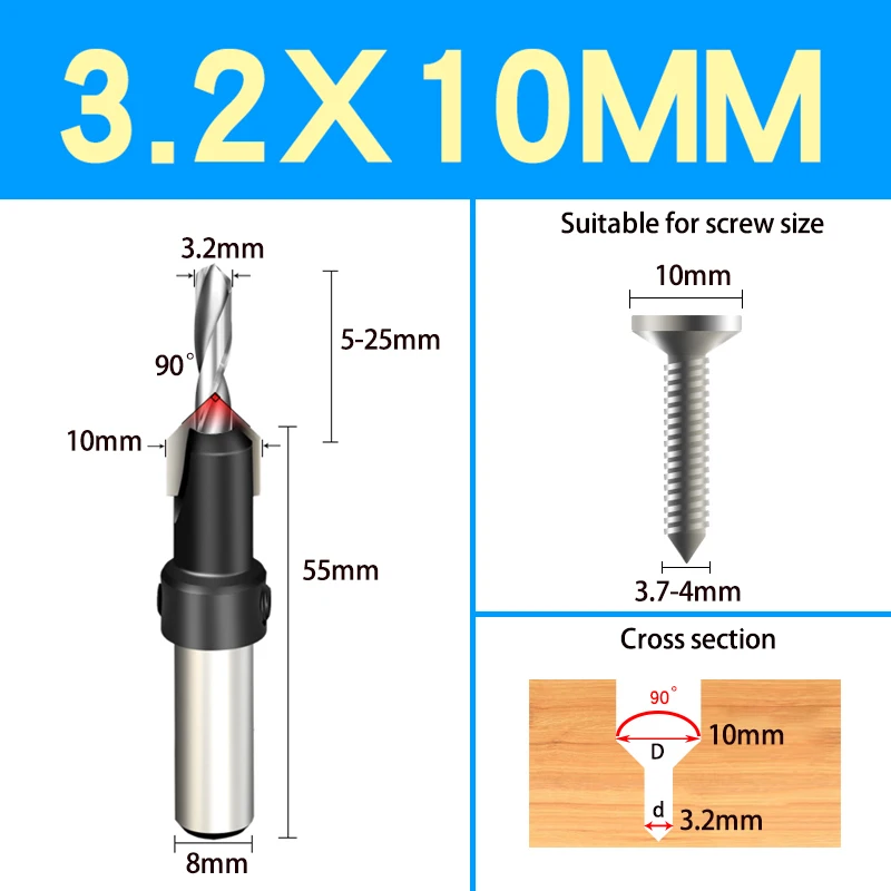 BE-TOOL Countersink Drill Bit, 1pcs Woodworking Chrome Vanadium Steel 1/4 Round Shank Countersinks for Wood, Plastic(4mm x 10mm