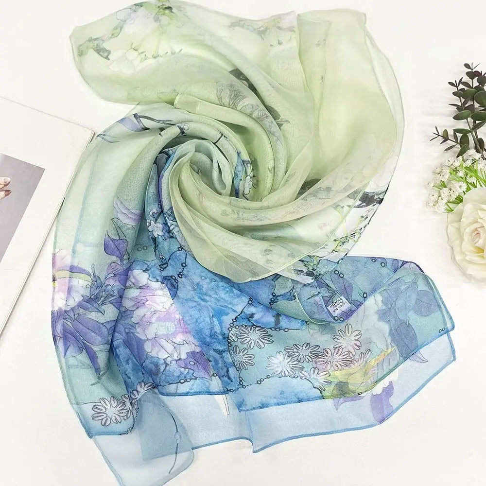 

Portable Embroidered Silk Scarf Sun-Resistant Breathable Beach Shawl Silk Smooth Long Wraps for Women