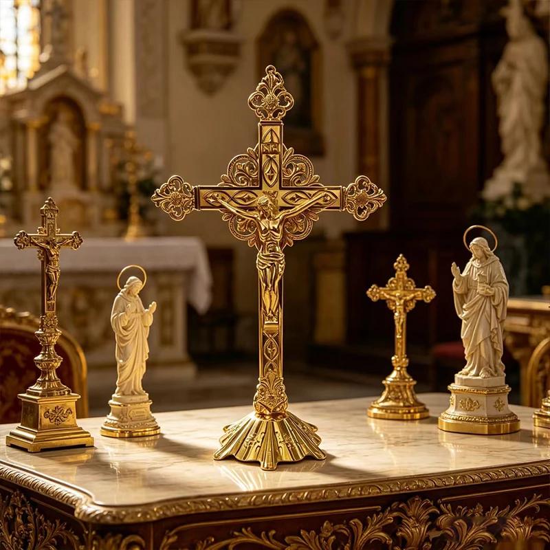 New 2026 High Quality Gold Plated Standing Crucifix with Jesus for Christian Church Altar Blessing and Home Prayer Tabletop Gift