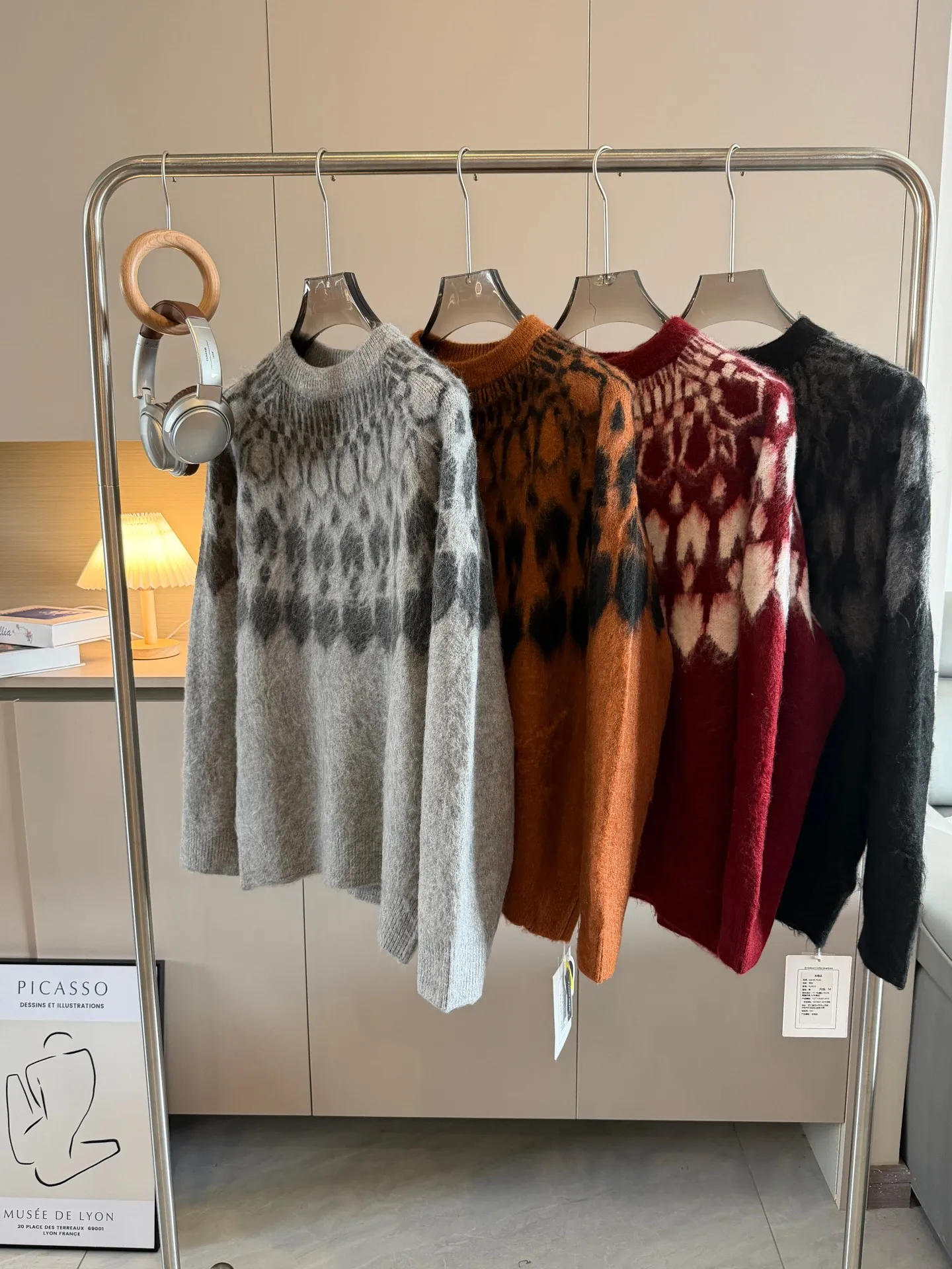 

Retro Japanese Sle Knitted Sweater Couple Loose round Ne Thiened Knitwear ex Warm Cosy Geometric Patterned Top