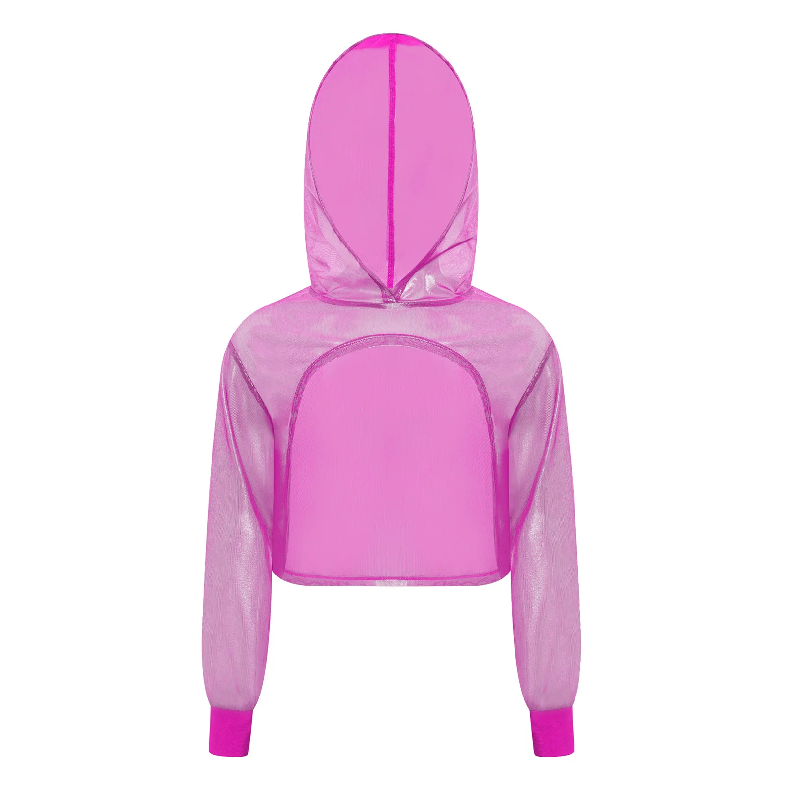 Girls Hip-Hop Jazz Dance Costume See-Through Metallic Mesh Hooded Crop Top Long Sleeve Hoodie Kids Stylish Performance Clothing
