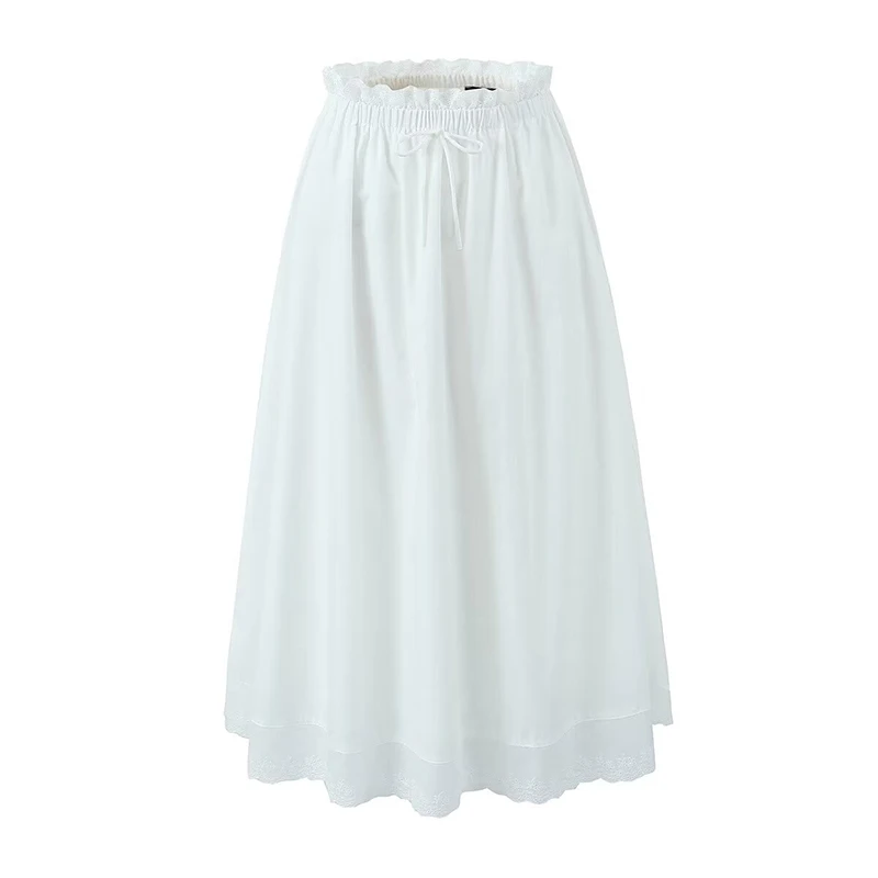 

YENKYE Lace Patchwork White A-line Midi Skirt Women Elastic High Waist Cotton Summer Skirts Holiday