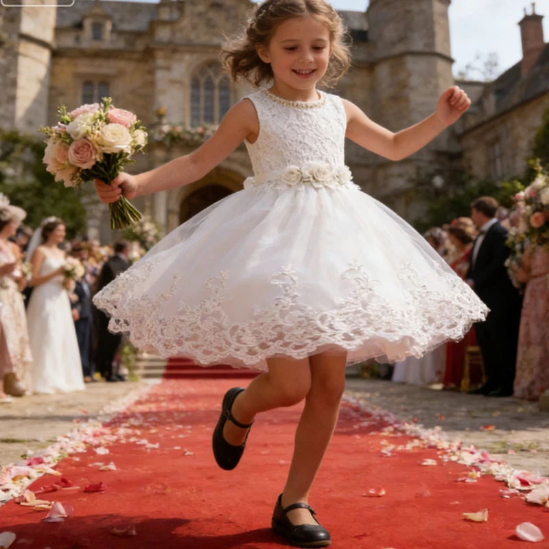 Princess Dresses Girl White Bridesmaid Dresses For Wedding Prom Gown Flower Girls Party Dress Kids First Communion Formal Gown