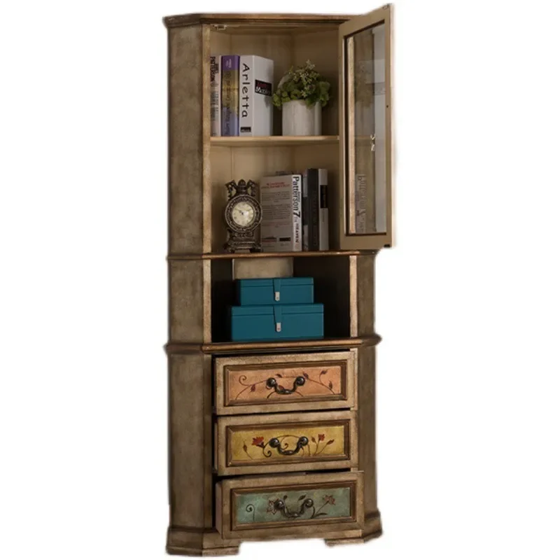 American Rural Style Painted Solid Wood Corner Cabinet Triangular Display Shelf with Three Tiers for Living Room Wine Book