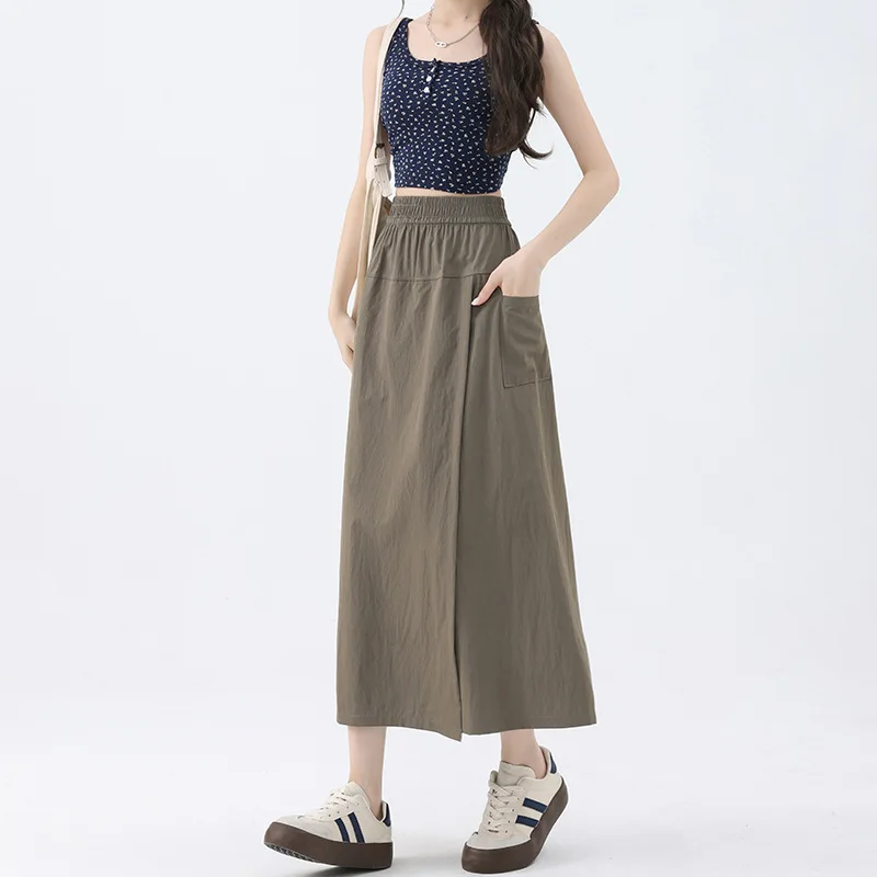 XIZOU High Waist Thin Wide Leg Workwear Skirt Pants Women's Summer Casual Loose Fit Korean Sle Nine Points Polyester Fiber
