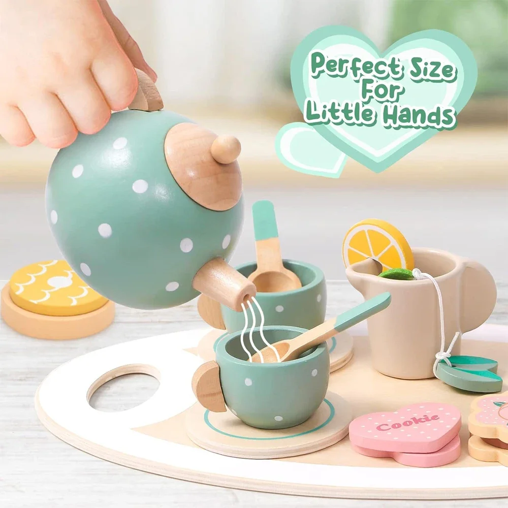 Juego de té de madera para niños pequeños, accesorios de cocina, juego de rol, 15 piezas